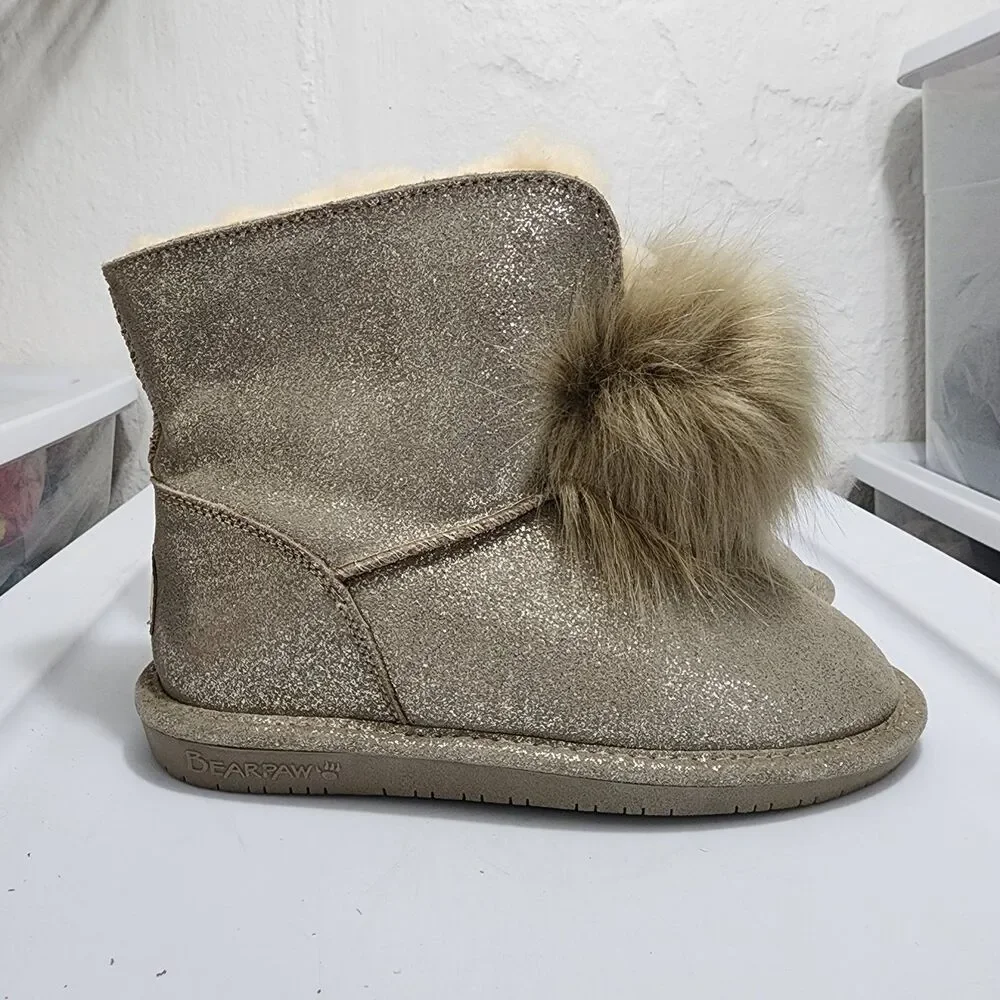 Bearpaw Libby Suede Sheepskin Pom-pom Boots Glittery Pewter Womens Size 8